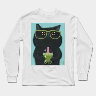 Black Cat With Matcha Boba Long Sleeve T-Shirt